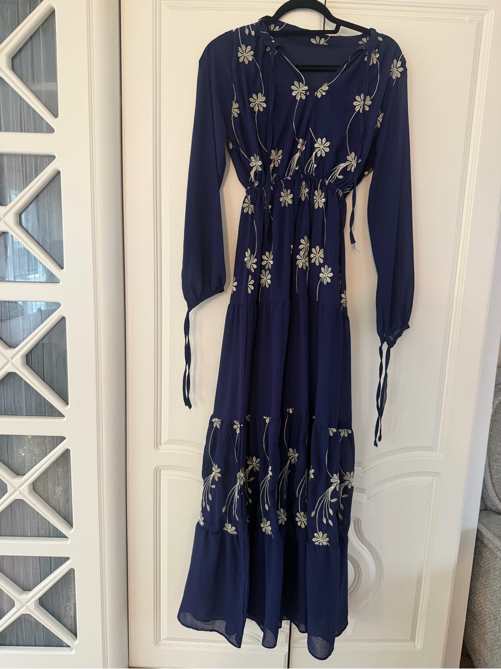 Women’s Navy Floral Maxi Dress with Embroidered Details
